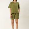 Co-Ords Sets | Bene Kleed Women Green Olive Co-Ords Set T-Shirt And Shorts