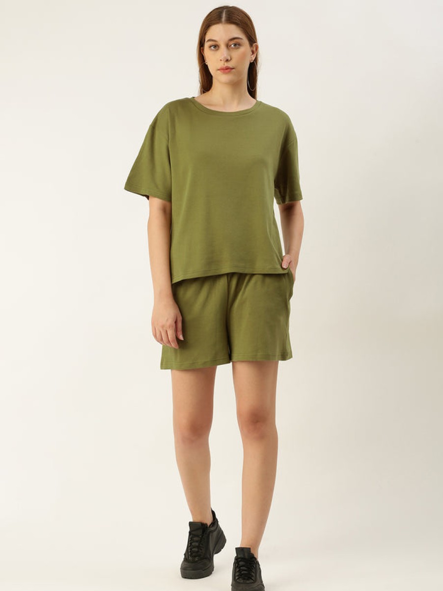 Co-Ords Sets | Bene Kleed Women Green Olive Co-Ords Set T-Shirt And Shorts