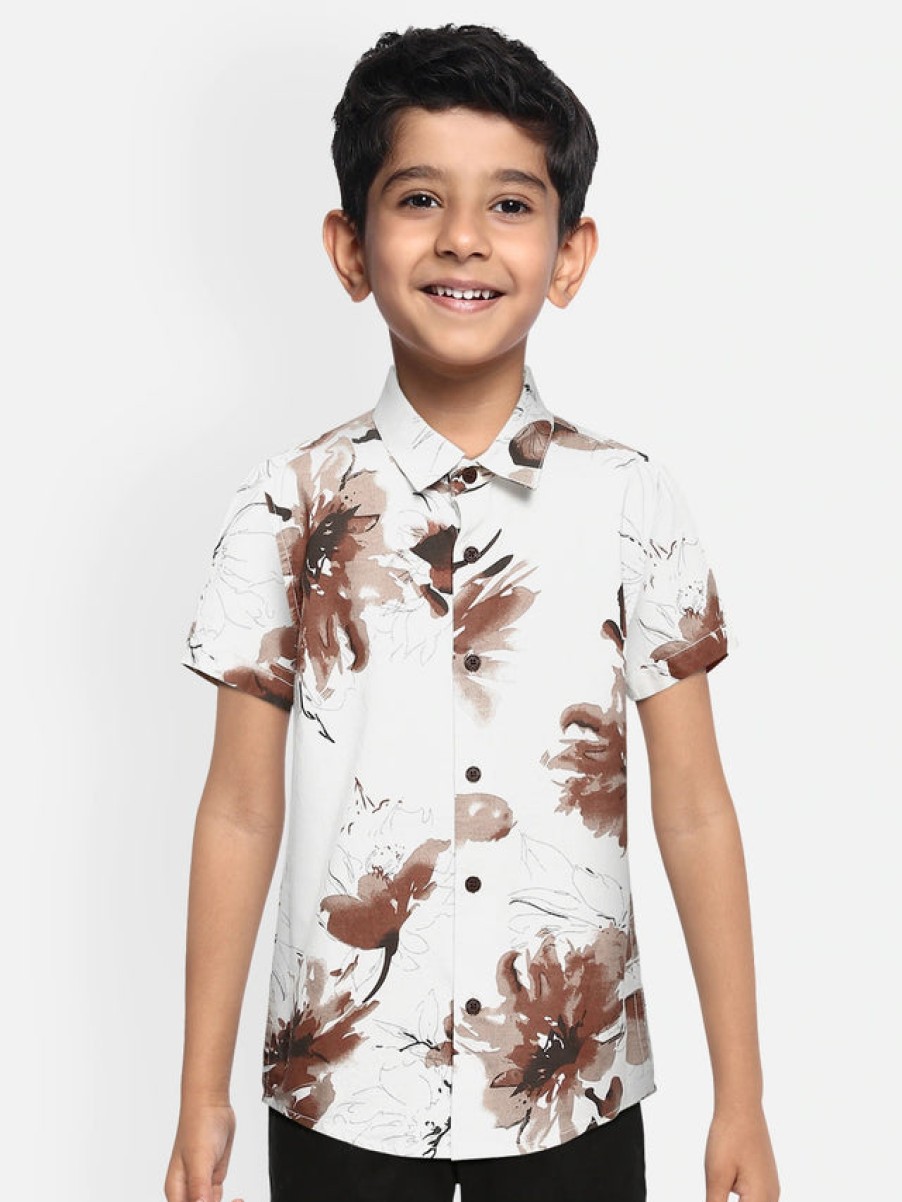 Casual Shirts | Bene Kleed Boys Off White/Brown Slim Fit Floral Casual Shirt