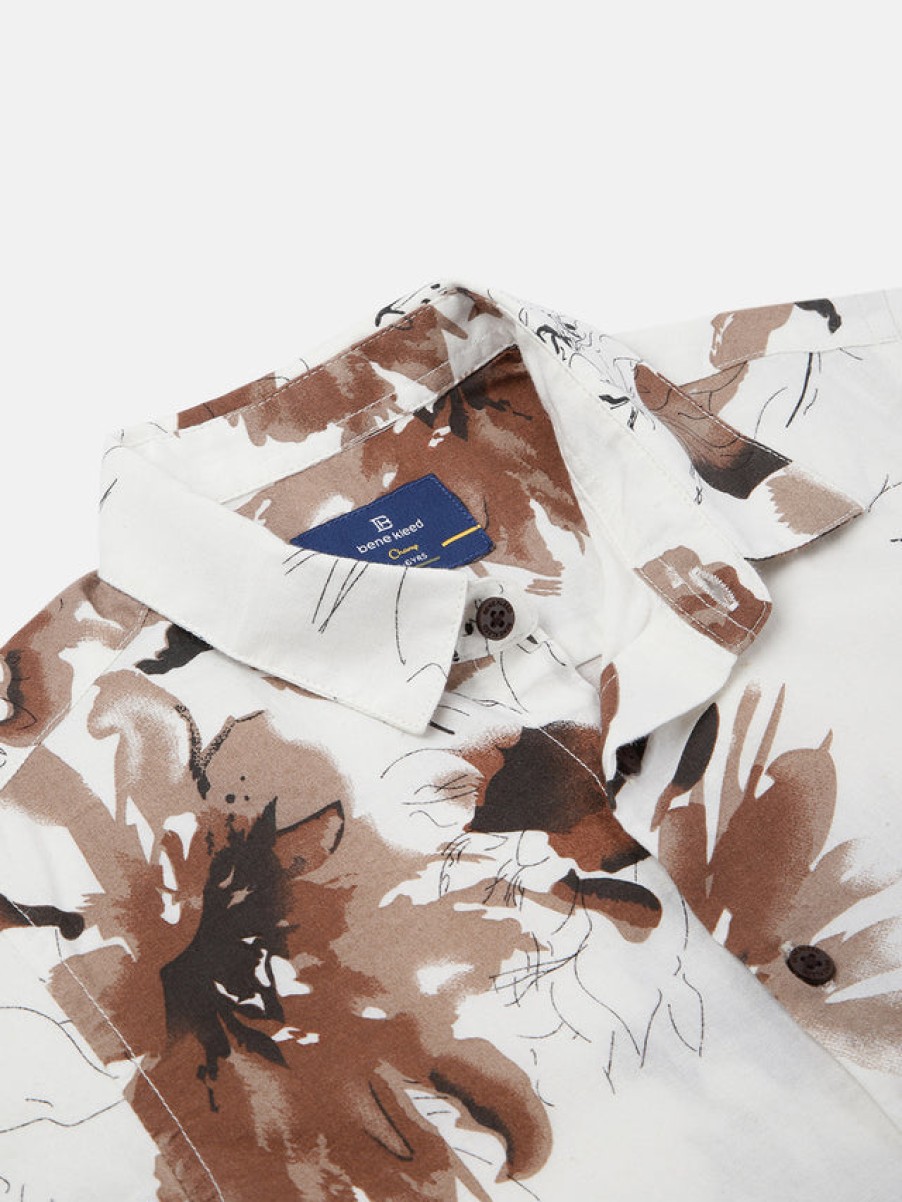 Casual Shirts | Bene Kleed Boys Off White/Brown Slim Fit Floral Casual Shirt