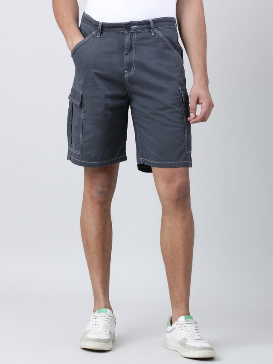 Shorts | Bene Kleed Men Dark Grey Relaxed Fit Pure Cotton Solid Cargo Shorts With Contrast