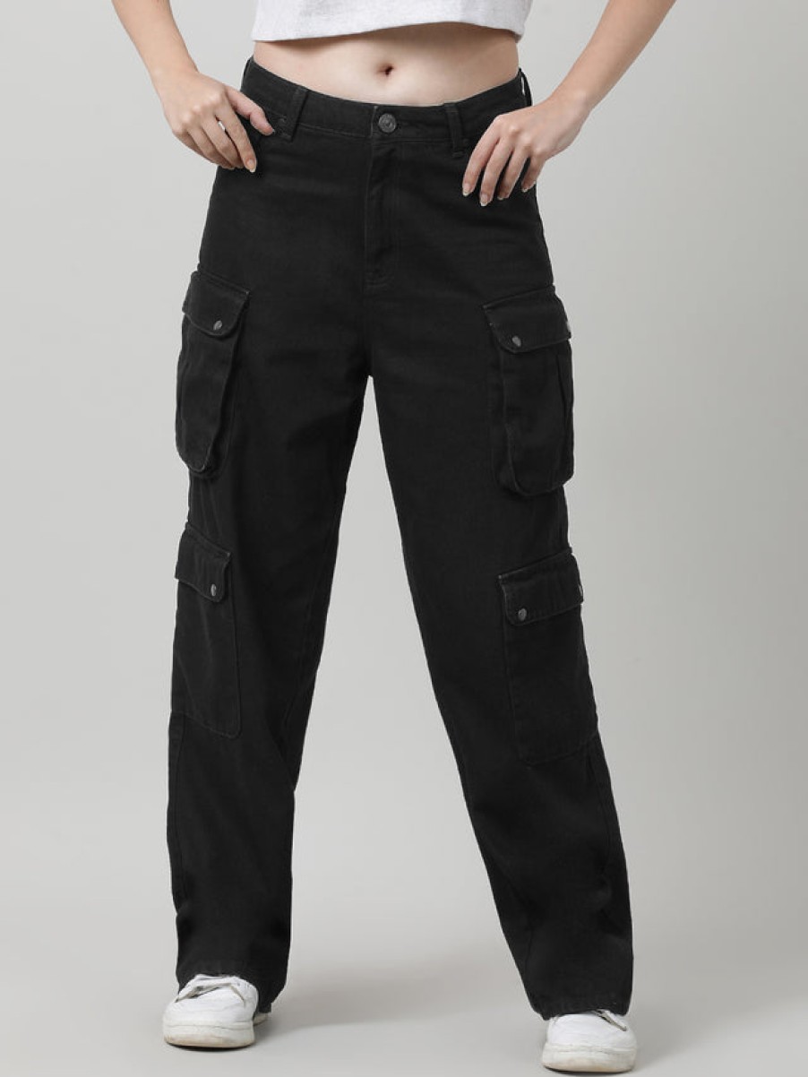 Jeans | Bene Kleed Women Black Relaxed Fit High Rise Solid Cargo Jeans With Snap