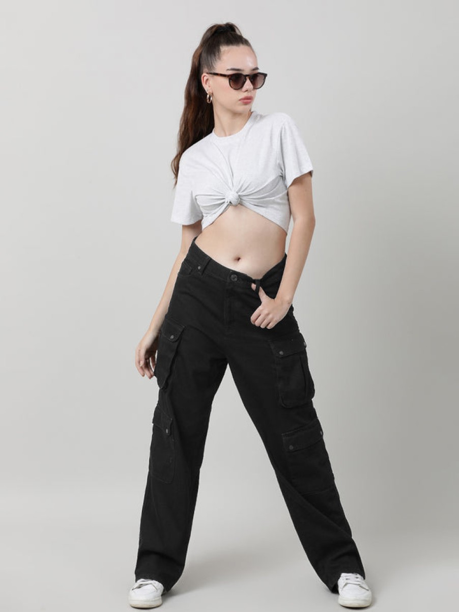 Jeans | Bene Kleed Women Black Relaxed Fit High Rise Solid Cargo Jeans With Snap