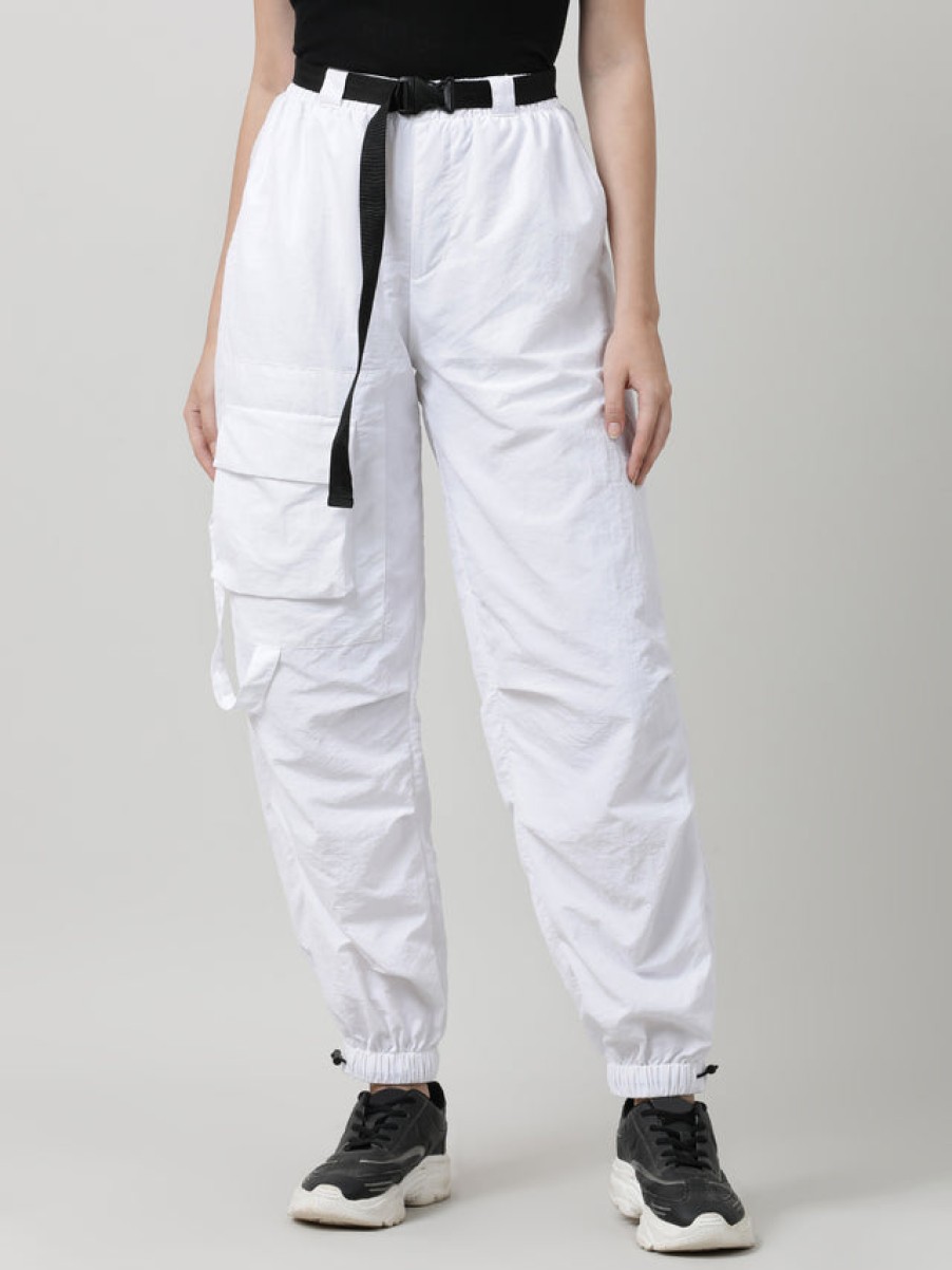 Cargos & Joggers | Bene Kleed Women White Parachute Fit Solid Cargo Joggers With Belt