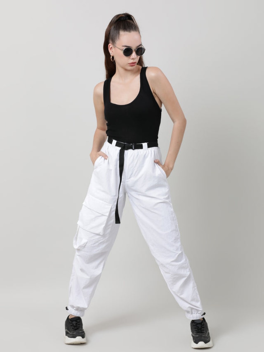 Cargos & Joggers | Bene Kleed Women White Parachute Fit Solid Cargo Joggers With Belt