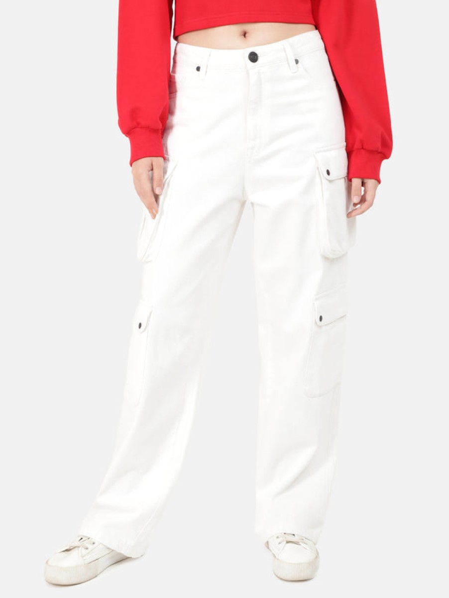 Jeans | Bene Kleed Women White Relaxed Fit Solid Denim Cargo Jeans