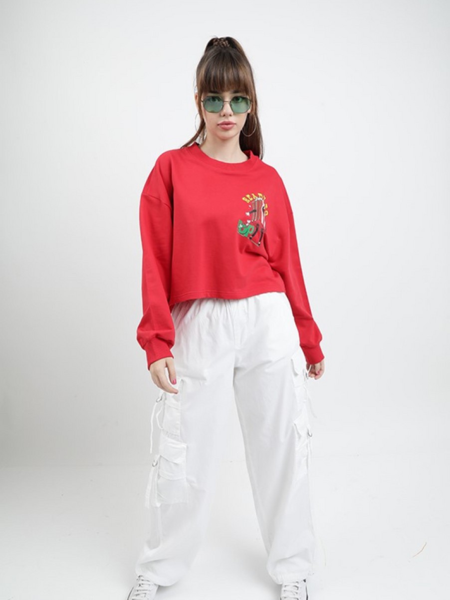 Sweatshirts | Bene Kleed Women Red Chest Print Cropped Length Oversized Sweatshirt