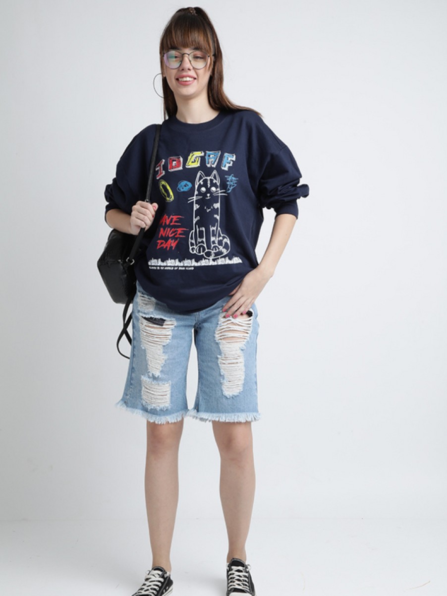 Sweatshirts | Bene Kleed Women Navy Graphic Print Long Length Oversized Sweatshirt