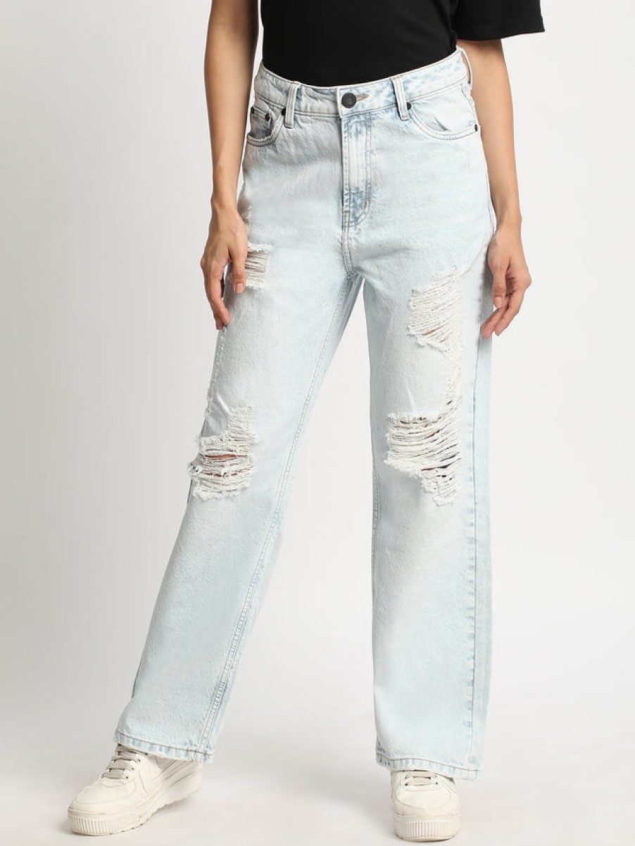 Jeans | Bene Kleed Women Light Blue Straight Fit High-Rise Highly Distressed Solid Jeans