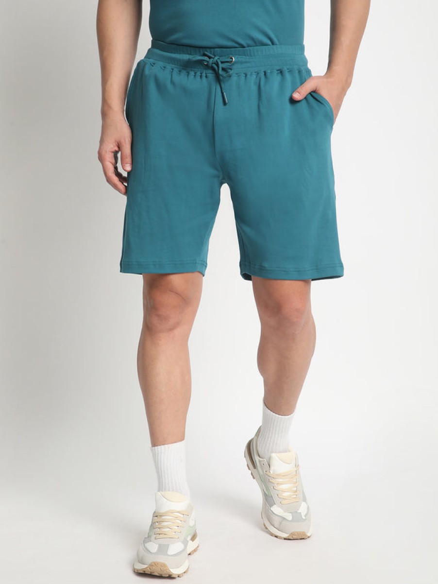 Shorts | Bene Kleed Men Teal Interlock Oversized Solid Shorts