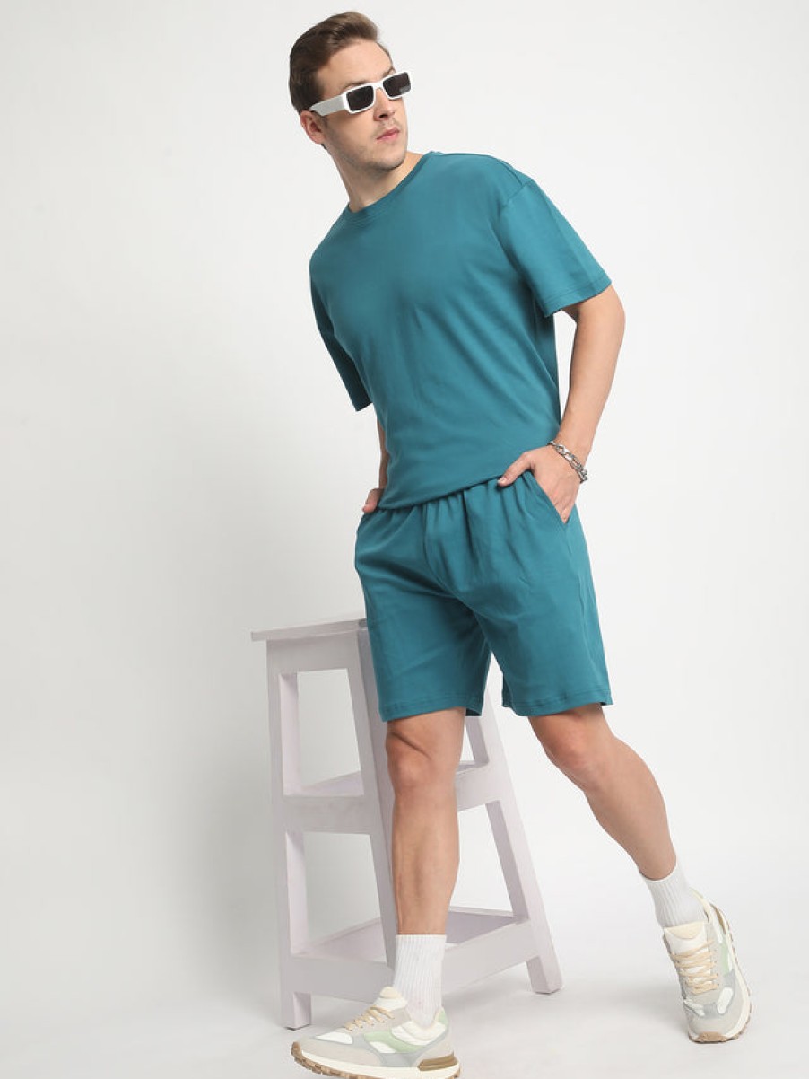 Shorts | Bene Kleed Men Teal Interlock Oversized Solid Shorts