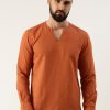 Kurtas | Bene Kleed Men Rust Orange Slim Fit Cotton Linen Solid Casual Kurta