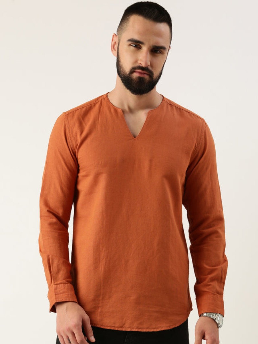 Kurtas | Bene Kleed Men Rust Orange Slim Fit Cotton Linen Solid Casual Kurta