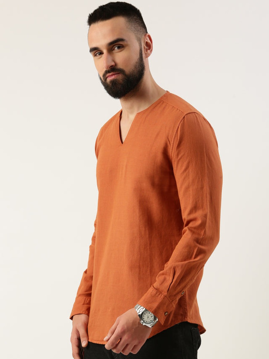 Kurtas | Bene Kleed Men Rust Orange Slim Fit Cotton Linen Solid Casual Kurta