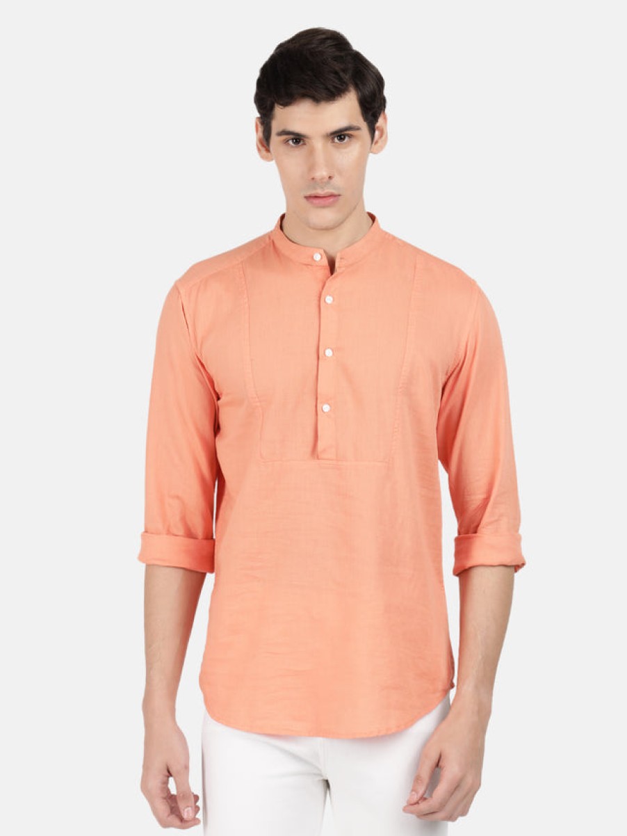 Kurtas | IVOC Men Orange Overdyed Cotton-Linen Solid Casual Kurta