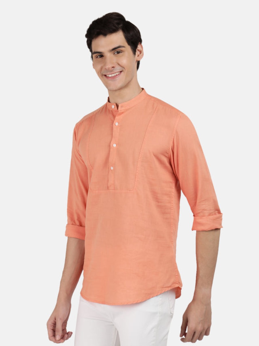 Kurtas | IVOC Men Orange Overdyed Cotton-Linen Solid Casual Kurta