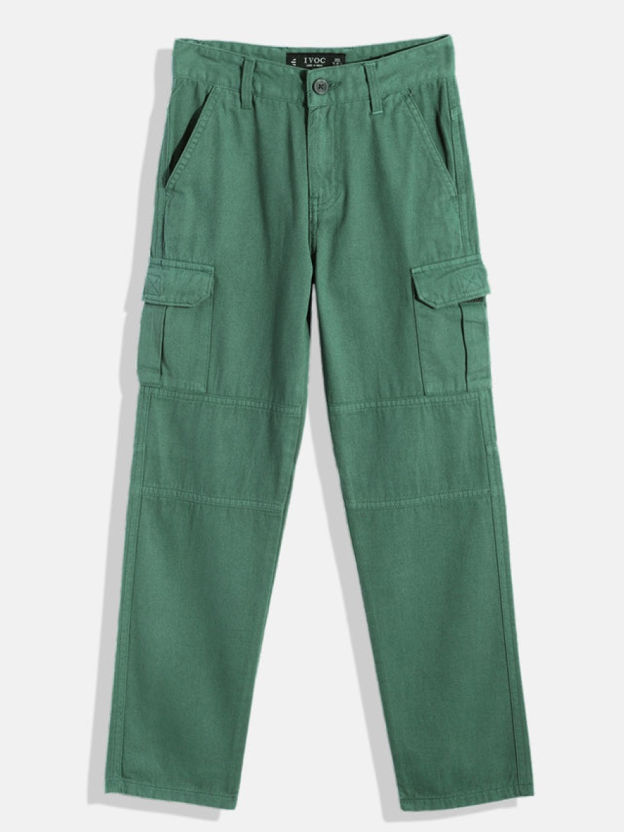 Cargos & Joggers | IVOC Boys Basil Green Slim Fit Solid Cargo Trousers