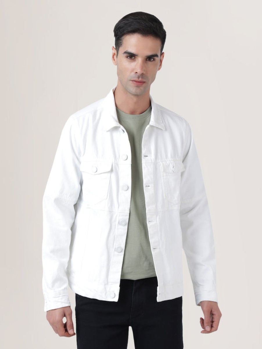 Jackets | Bene Kleed Men White Cotton Solid Slim Fit Denim Jacket