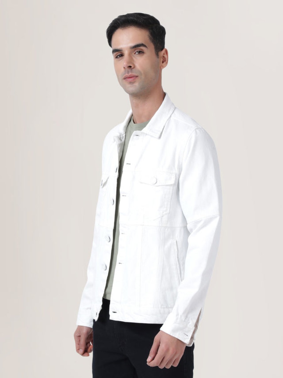 Jackets | Bene Kleed Men White Cotton Solid Slim Fit Denim Jacket