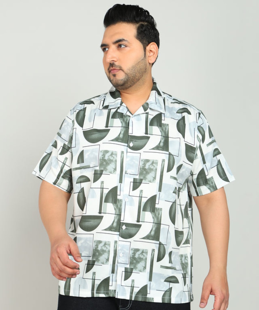 Casual Shirts | Bene Kleed Plus Men White/Green Regular Fit Digital Print Half Sleeves Shirt