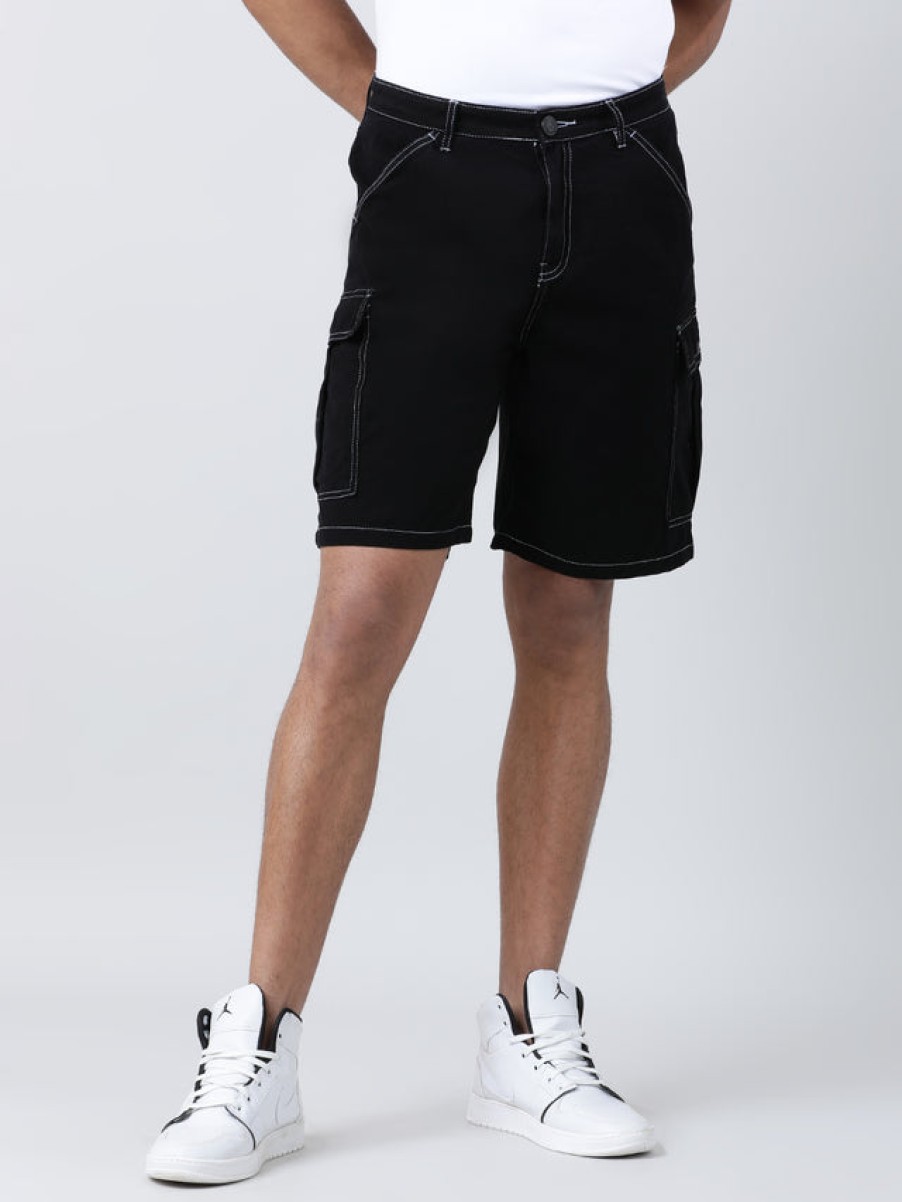 Shorts | Bene Kleed Men Black Relaxed Fit Pure Cotton Solid Cargo Shorts With Contrast Sti