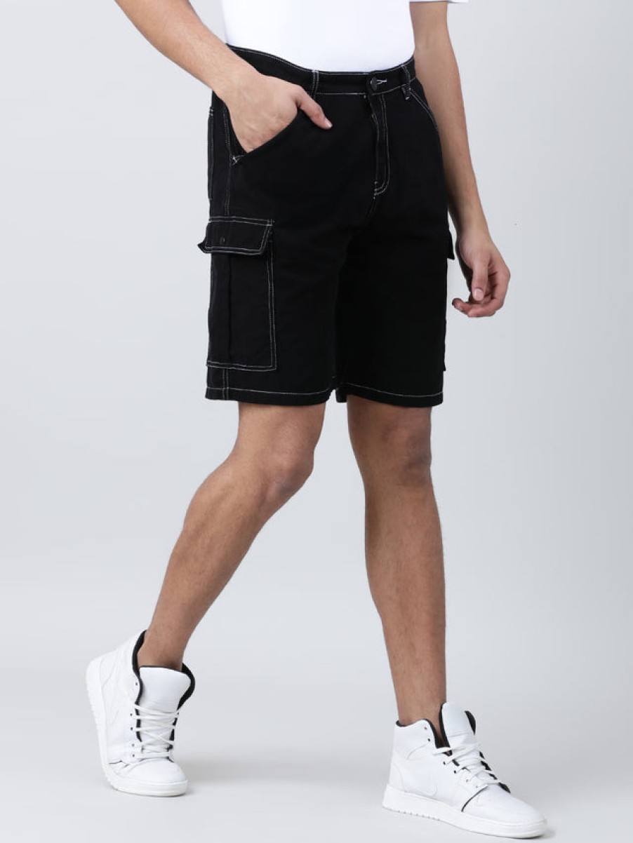 Shorts | Bene Kleed Men Black Relaxed Fit Pure Cotton Solid Cargo Shorts With Contrast Sti