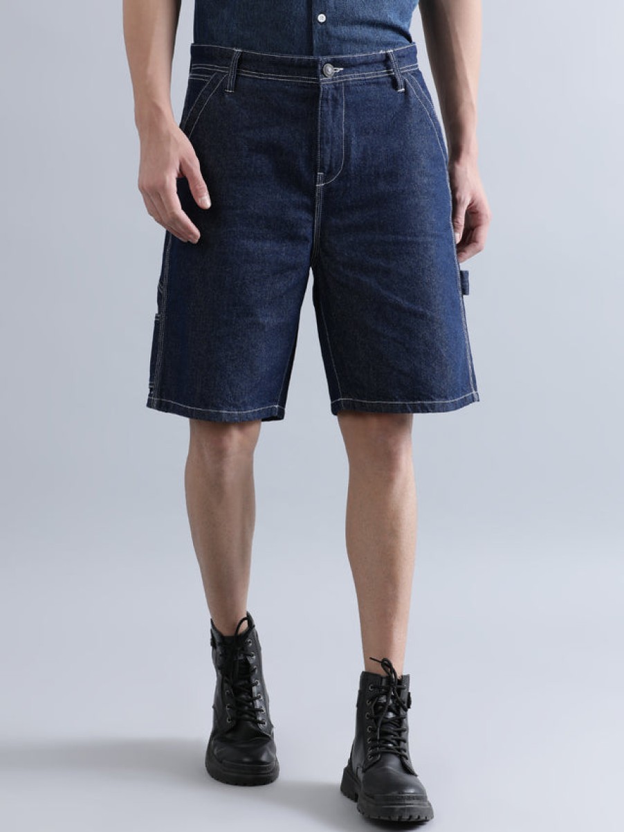 Shorts | Bene Kleed Men Dark Blue Relaxed Fit Carpenter Style Denim Shorts With Contrast S