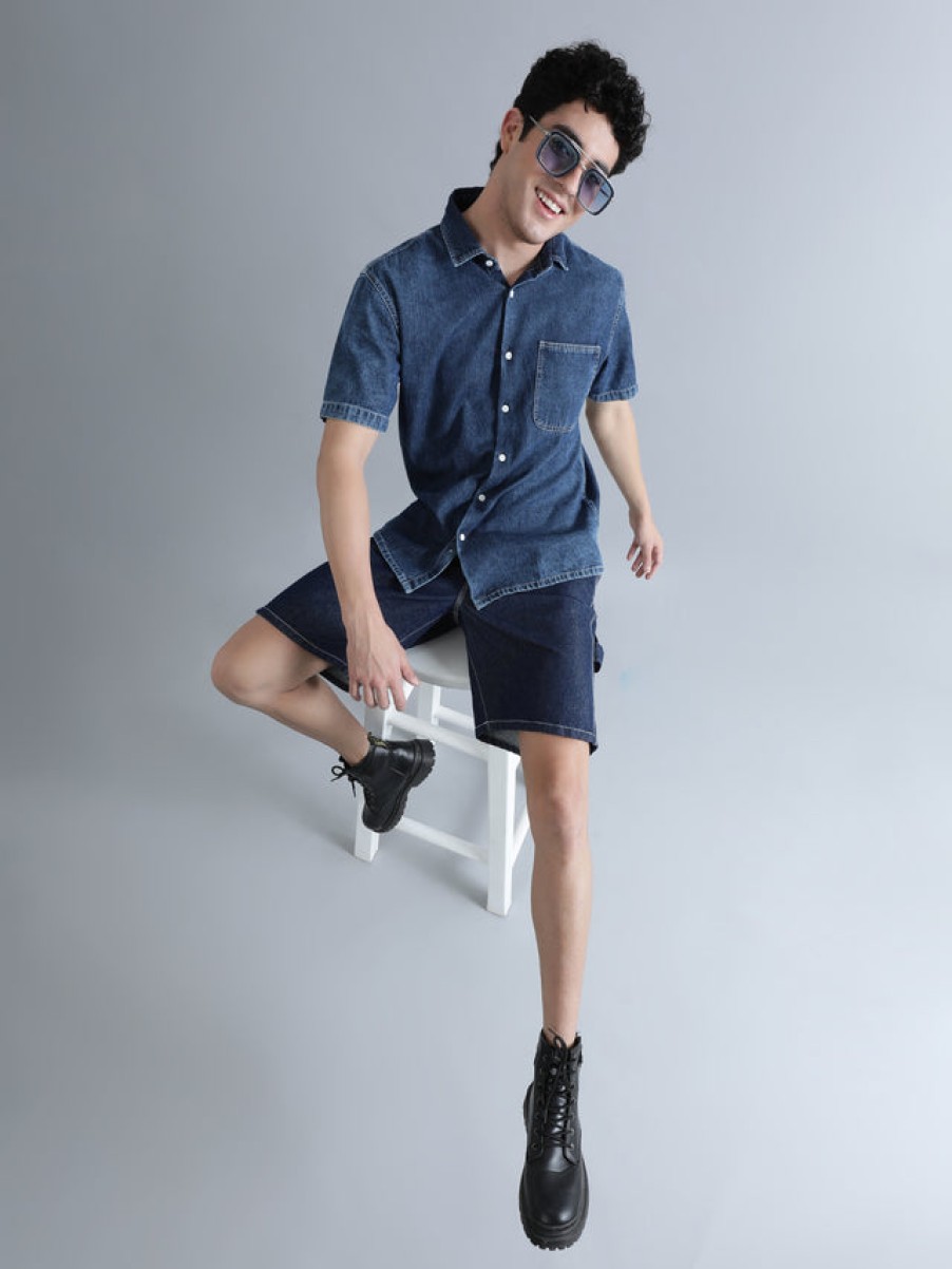 Shorts | Bene Kleed Men Dark Blue Relaxed Fit Carpenter Style Denim Shorts With Contrast S