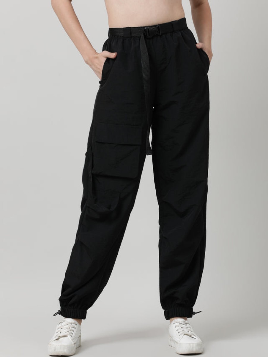 Cargos & Joggers | Bene Kleed Women Black Parachute Fit Solid Cargo Joggers With Belt