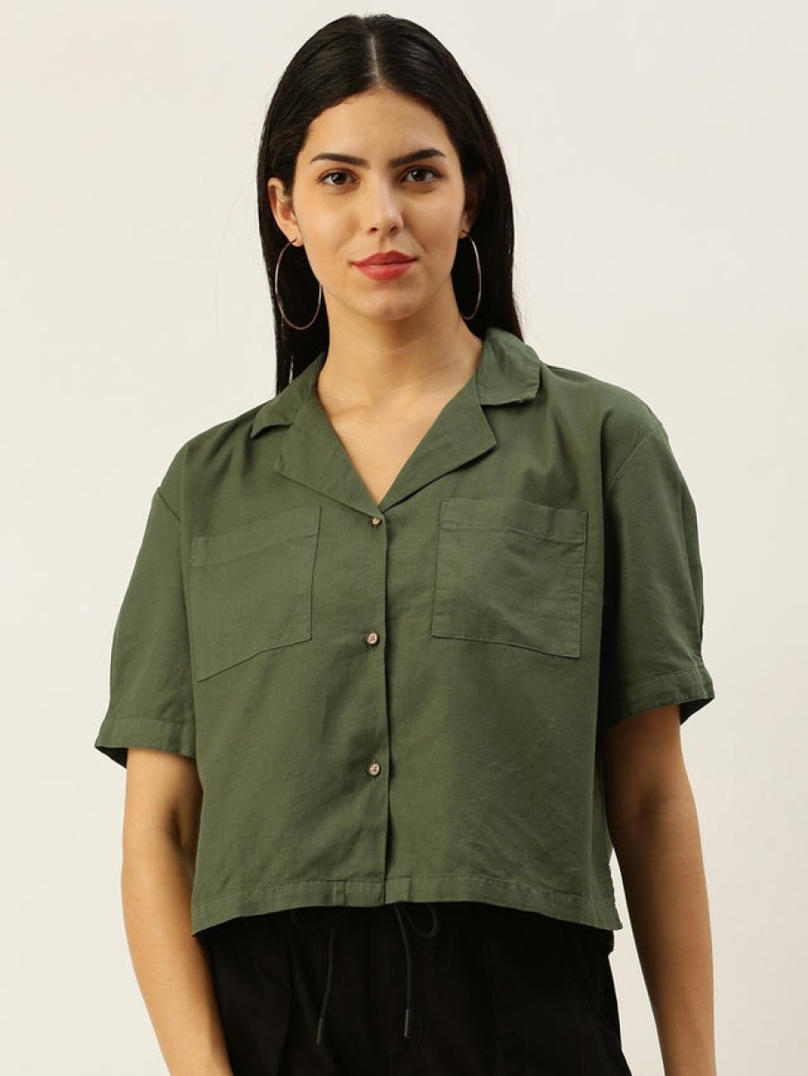 Casual Shirts | Bene Kleed Women Deep Lichen Green Boxy Fit Solid Casual Shirt