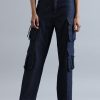 Jeans | Bene Kleed Women Navy Relaxed Fit Hig-Rise Cargo Jeans With Utility Cargo Pockets