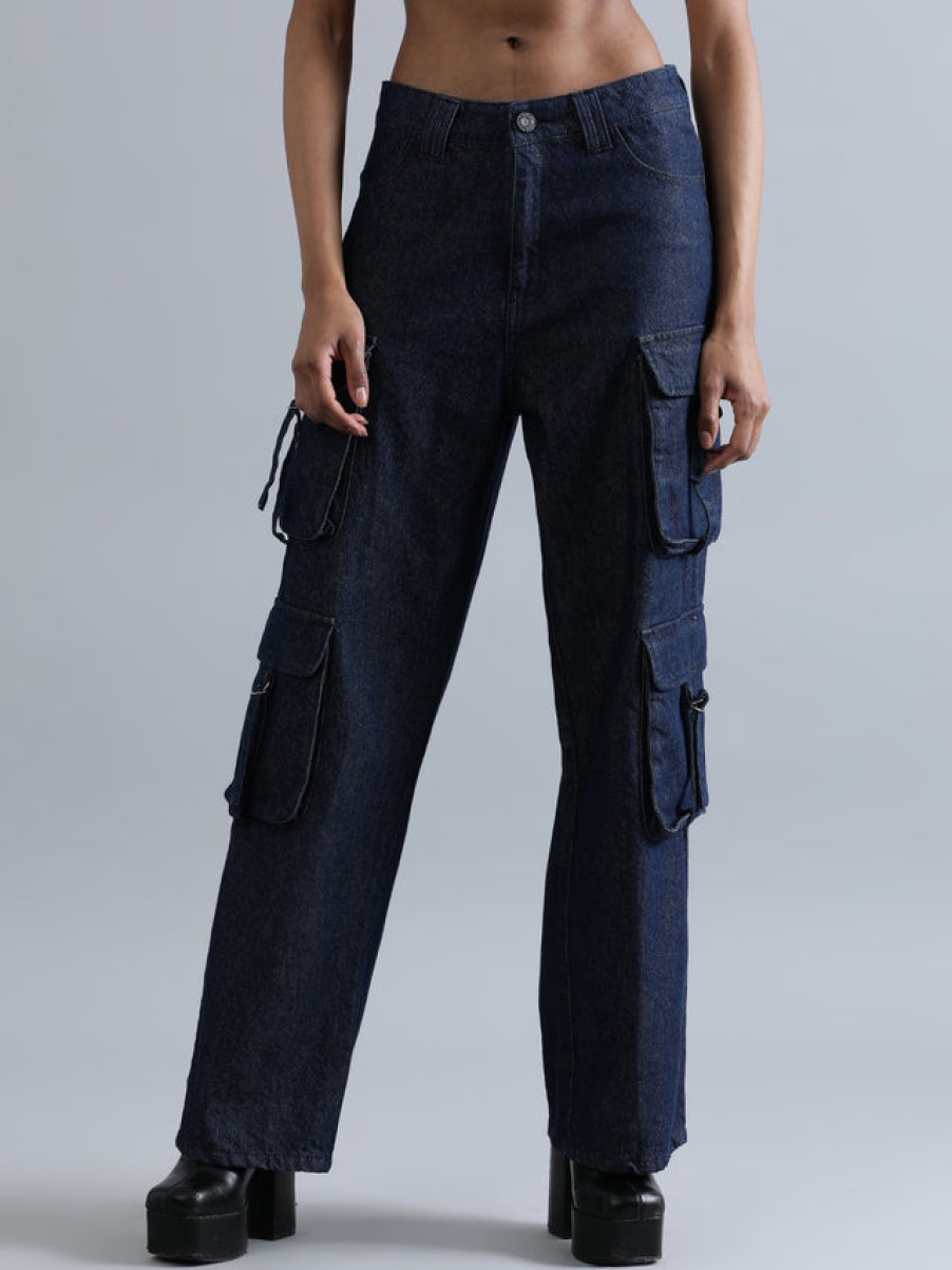 Jeans | Bene Kleed Women Navy Relaxed Fit Hig-Rise Cargo Jeans With Utility Cargo Pockets