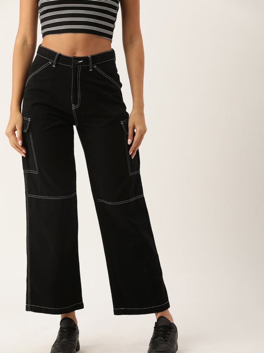 Cargos & Joggers | Bene Kleed Women Black Overdyed Relaxed Fit Cargo Trousers With Contrast Stitch