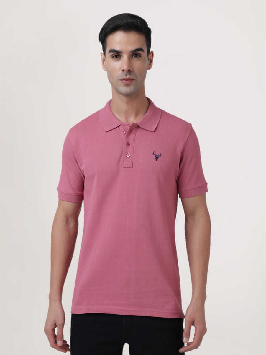 T-Shirts | IVOC Men Dusty Pink Regular Fit Polo T-Shirt With Chest Embroidery