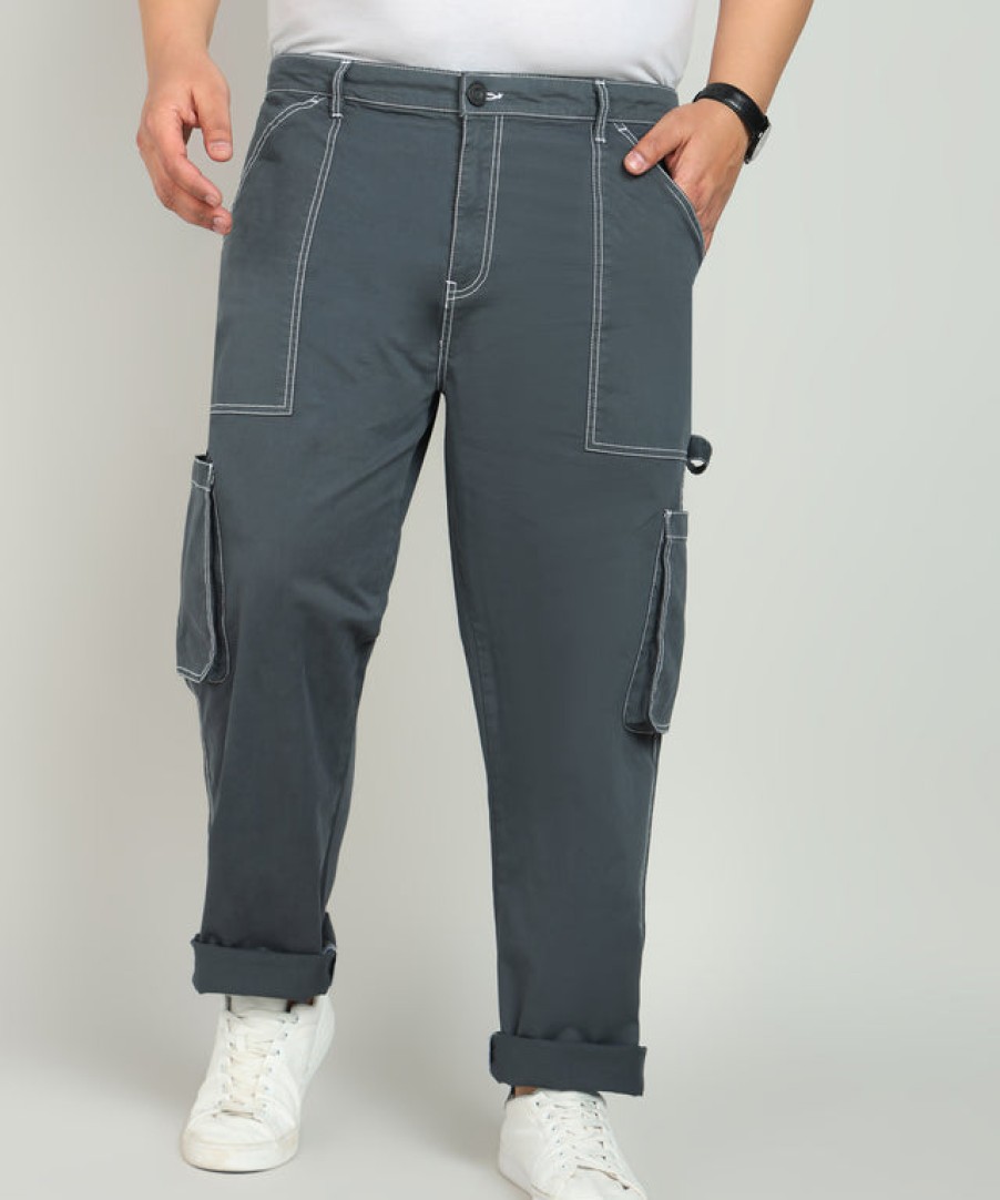 Cargos & Joggers | Bene Kleed Plus Men Dark Grey Carpenter Style Solid Cargo Trouser With Back Loop