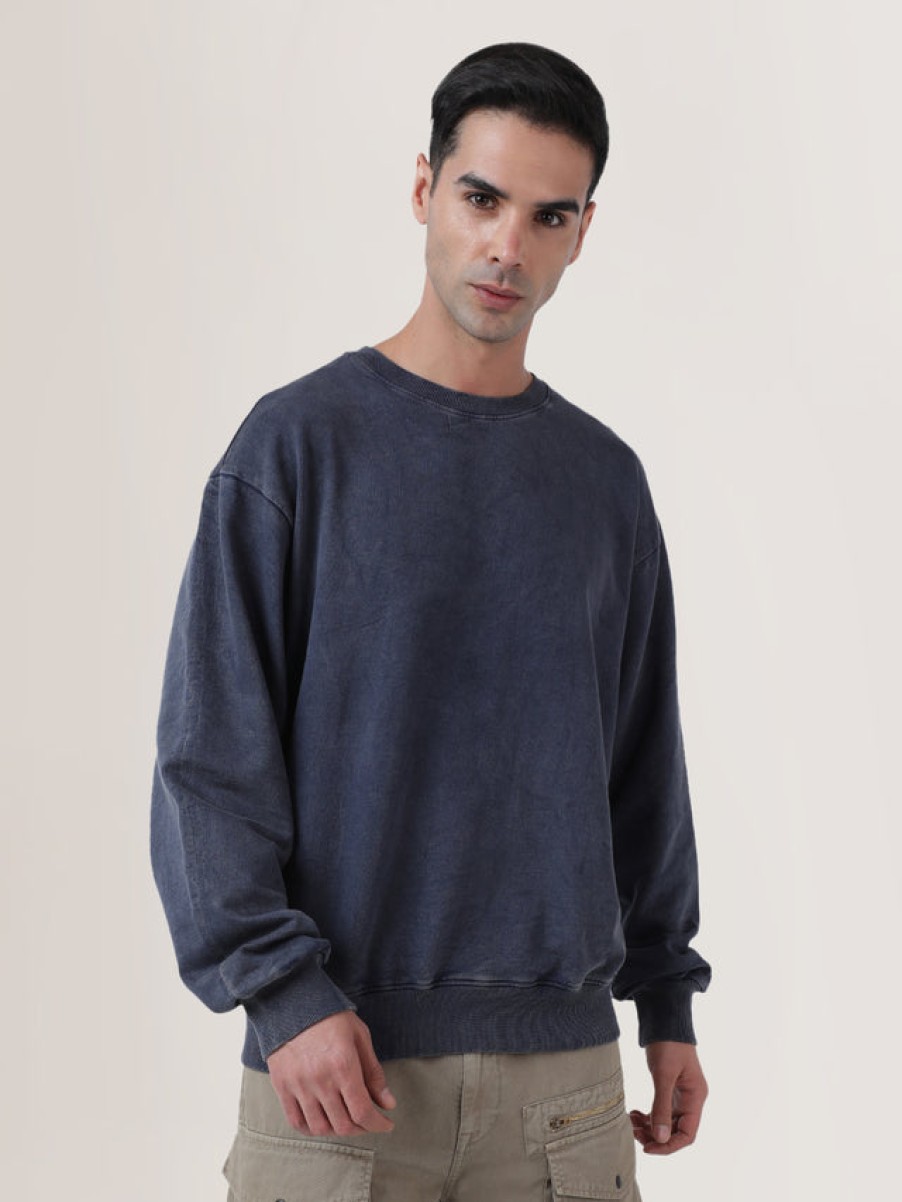 Sweatshirts | Bene Kleed Men Blue Relaxed Fit Acid Wash Solid Sweatshirt