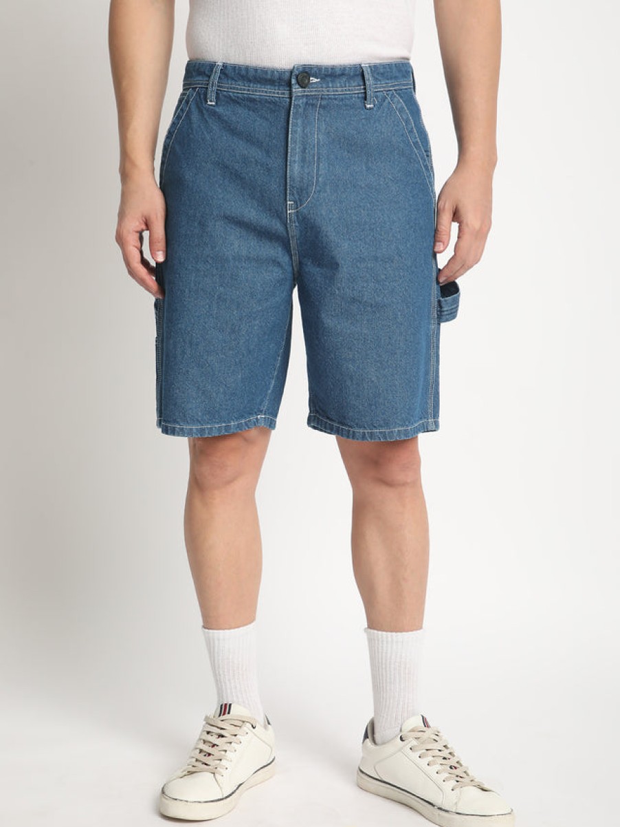 Shorts | Bene Kleed Men Blue Carpenter Style Relaxed Fit Denim Shorts With Contrast Stitch