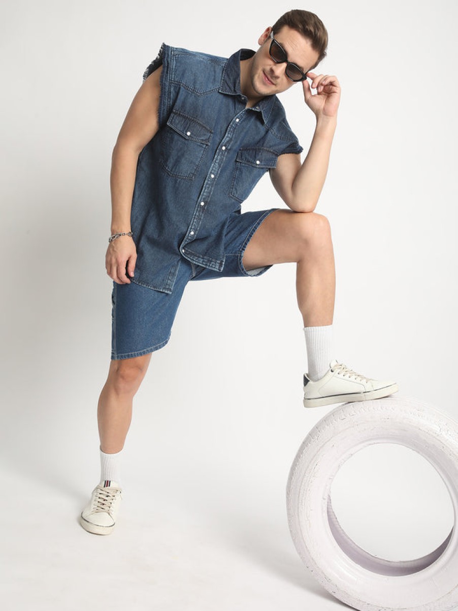 Shorts | Bene Kleed Men Blue Carpenter Style Relaxed Fit Denim Shorts With Contrast Stitch