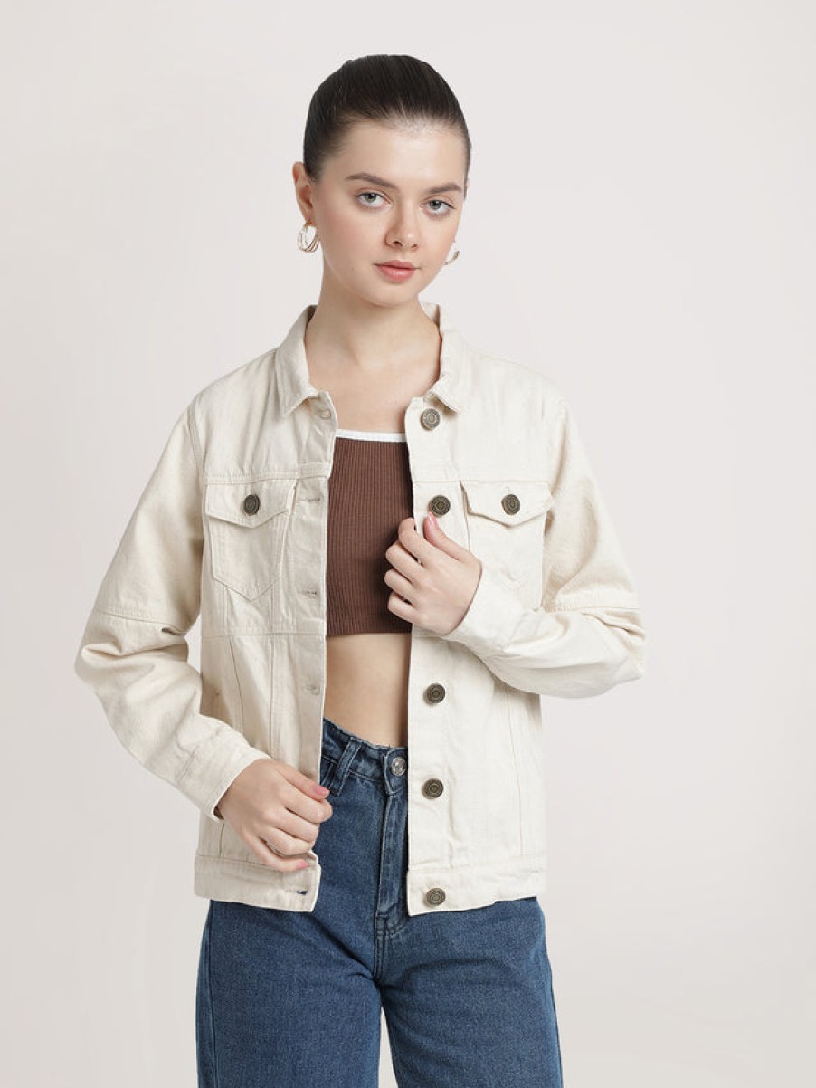 Jackets | Bene Kleed Women Ecru Slim Fit Solid Denim Jacket