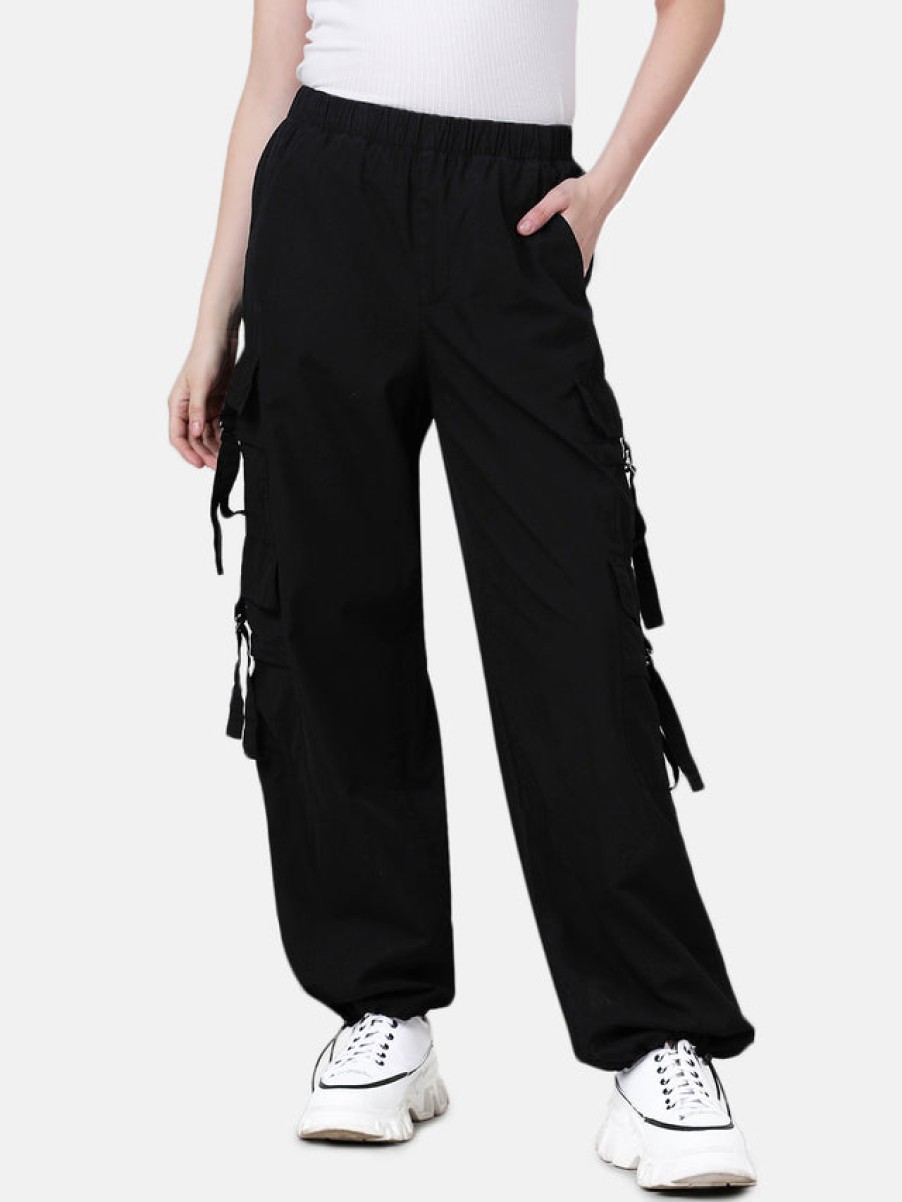 Cargos & Joggers | Bene Kleed Women Black Solid Parachute Fit Cargo Trousers