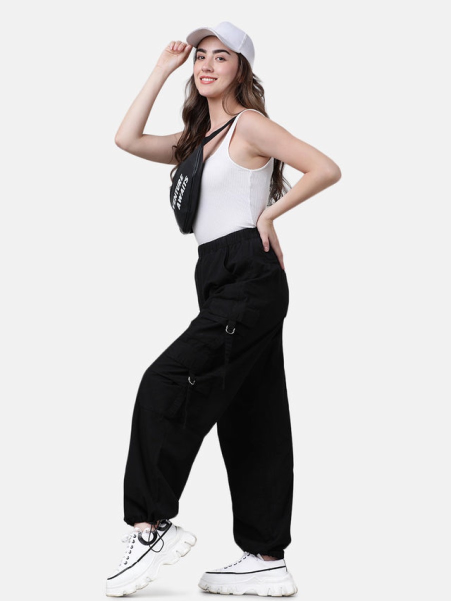 Cargos & Joggers | Bene Kleed Women Black Solid Parachute Fit Cargo Trousers