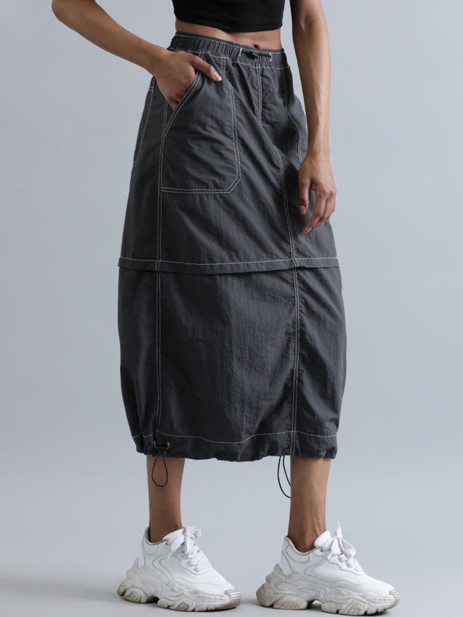 Skirts | Bene Kleed Women Medium Grey Parachute Fit Maxi Skirt With Contrast Stitch