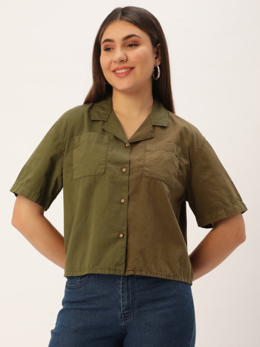 Casual Shirts | Bene Kleed Women Deep Lichen Green/Army Green Boxy Fit Colour Block Casual Shirt