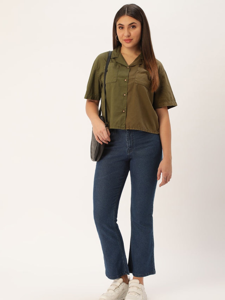 Casual Shirts | Bene Kleed Women Deep Lichen Green/Army Green Boxy Fit Colour Block Casual Shirt