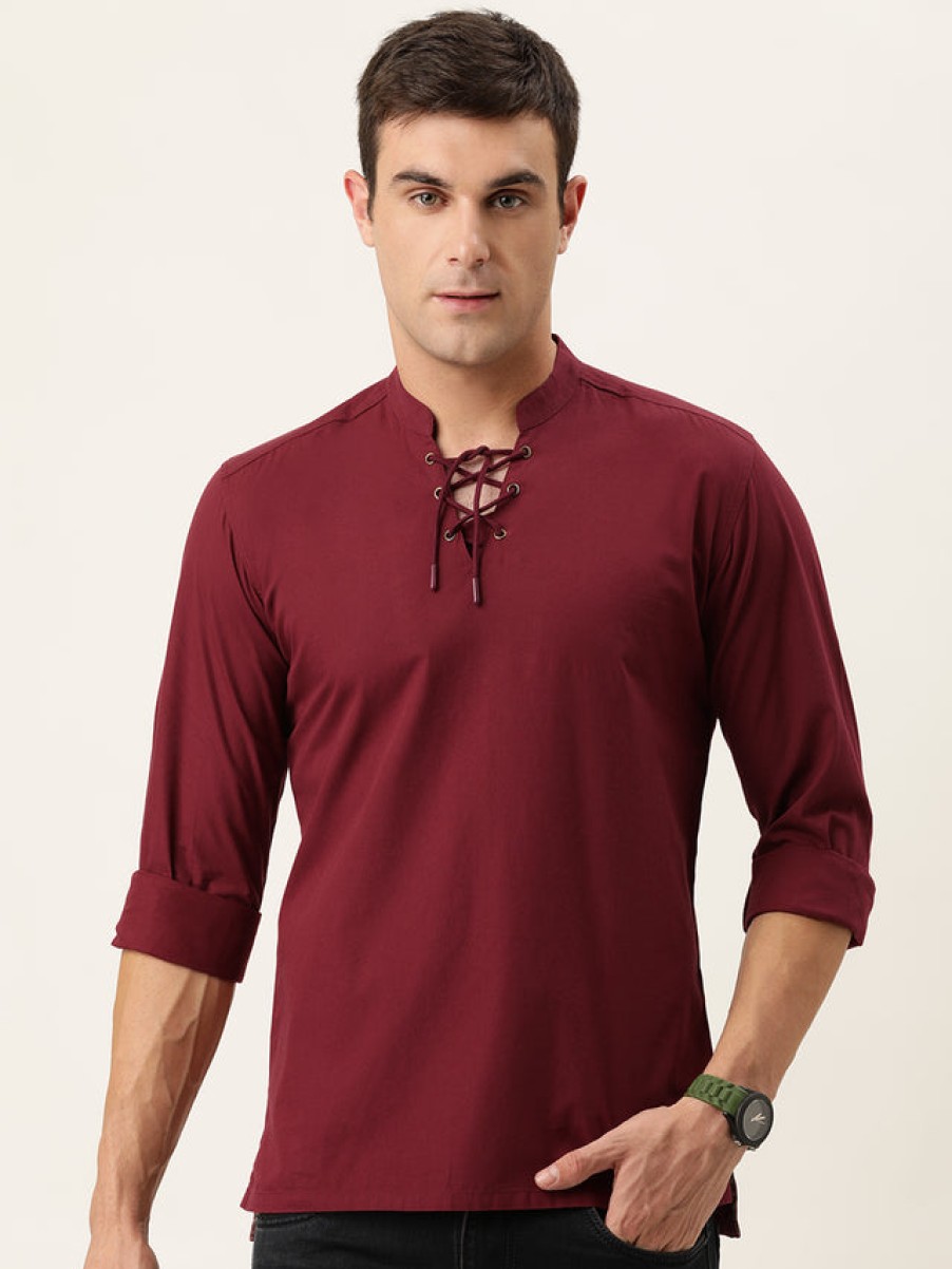 Kurtas | Bene Kleed Men Maroon Slim Fit Solid Kurta