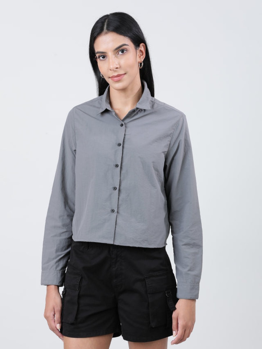 Casual Shirts | Bene Kleed Women Light Grey Regular Fit Full Sleeves Cropped Length Casual Shirt