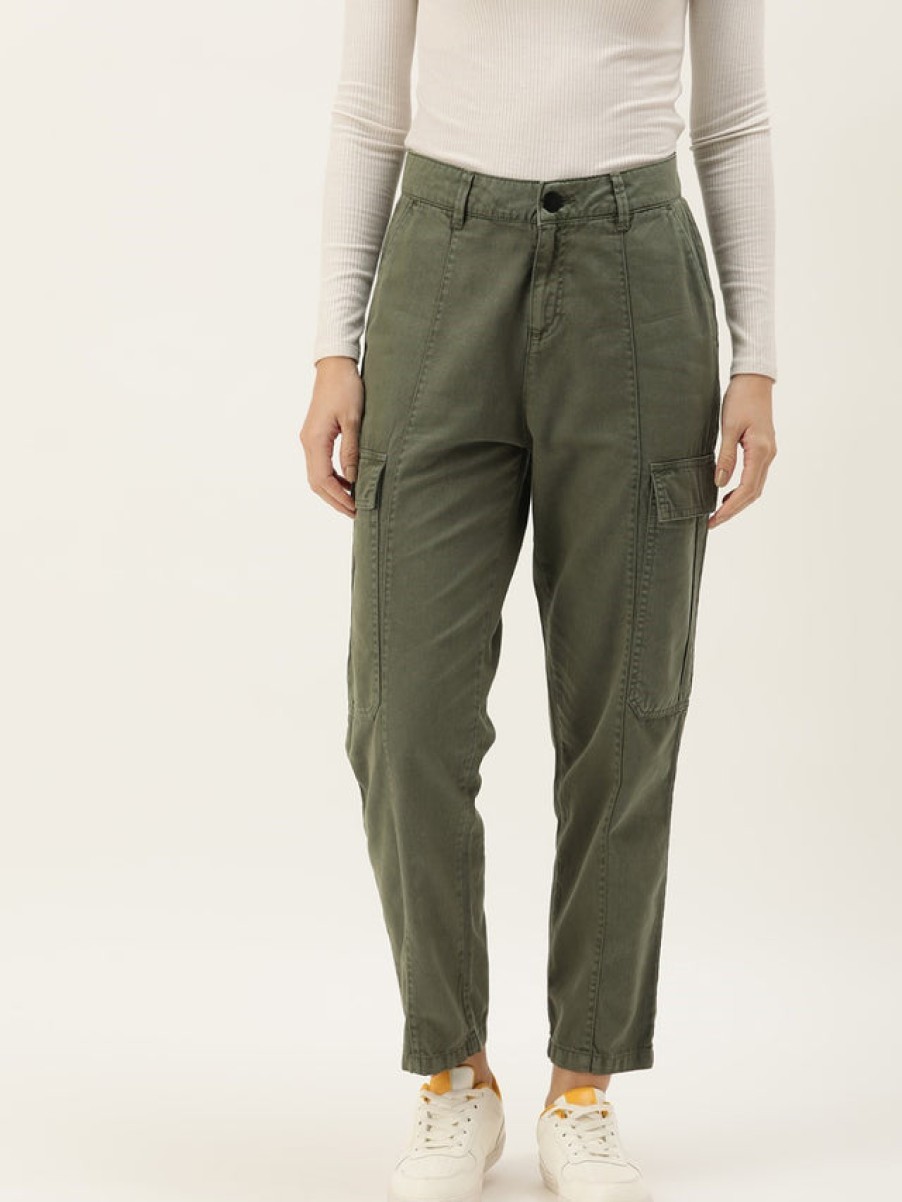 Cargos & Joggers | IVOC Women Olive Solid Regular Fit Cargo Trousers