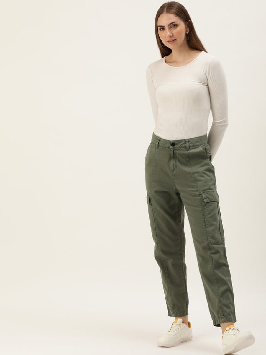 Cargos & Joggers | IVOC Women Olive Solid Regular Fit Cargo Trousers