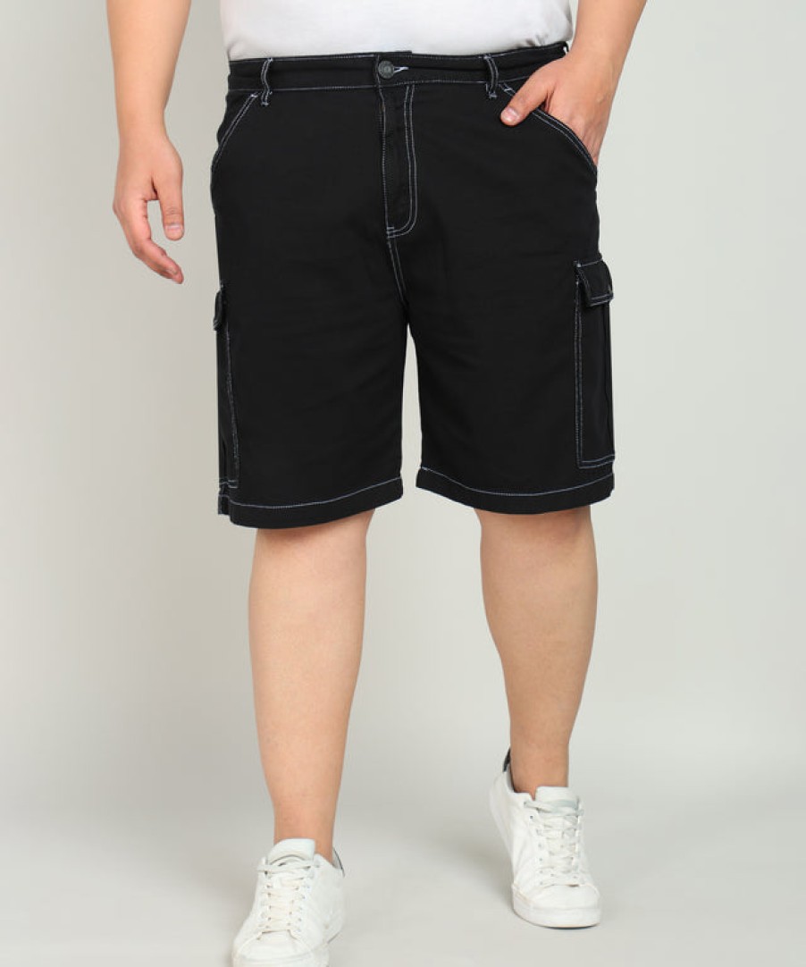 Shorts | Bene Kleed Plus Men Black Regular Fit Pure Cotton Cargo Shorts With Contrast Stitch