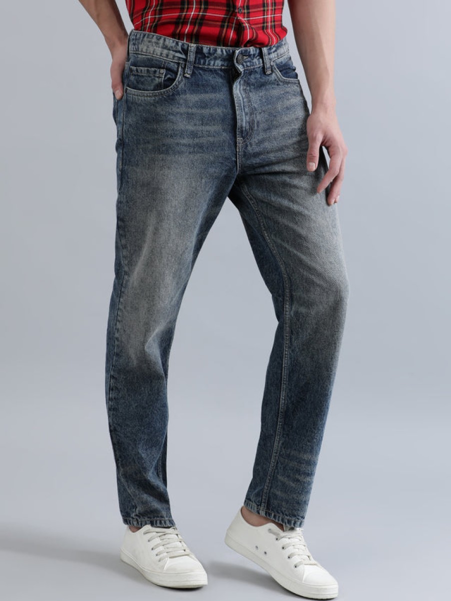 Jeans | Bene Kleed Men Navy Blue Relaxed Fit Solid Light Fade Tinted Jeans